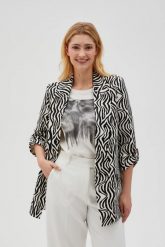 Wzorzysta marynarka beżowa. Brązowe marynarki i żakiety MOODO, m, bez wzorów, z elastanu, bez ramiączek. Za 189.99 zł.