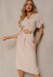 Jasnobeżowa Sukienka z Wiskozy z Trójkątnym Dekoltem i Paskiem z Plecionki Diremia. Brązowe sukienki Renee, na co dzień, plus size, bez wzorów, z materiału, bez kołnierzyka, plus size, bez ramiączek, midi, proste. W wyprzedaży za 76.99 zł.