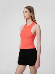 4F Crop top z prążkowanej dzianiny damski L. Czerwone topy 4f, l, bez wzorów, z dzianiny, bez kołnierzyka, bez ramiączek. Za 49.99 zł.