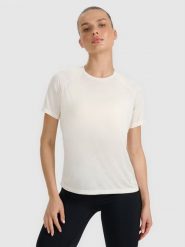 4F Koszulka do biegania regular szybkoschnąca damska - biała L. Białe t-shirty sportowe 4f, l, bez wzorów, z materiału, bez ramiączek, do biegania. Za 119.99 zł.