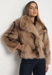 Beżowa Kurtka Futrzana z Szerokim Kołnierzem Ditene. Brązowe kurtki Born2be, bez wzorów, z futra, bez kaptura. Za 279.99 zł.