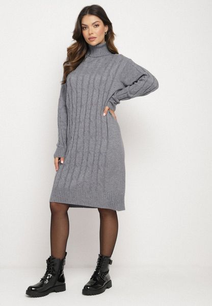 Szara Sweterkowa Sukienka z Golfem Wełną i Bawełną Ozdobiona Splotem Reiania. Szare sukienki Born2be, do pracy, bez wzorów, z bawełny, biznesowe, bez kołnierzyka, bez ramiączek, proste. Za 79.99 zł.