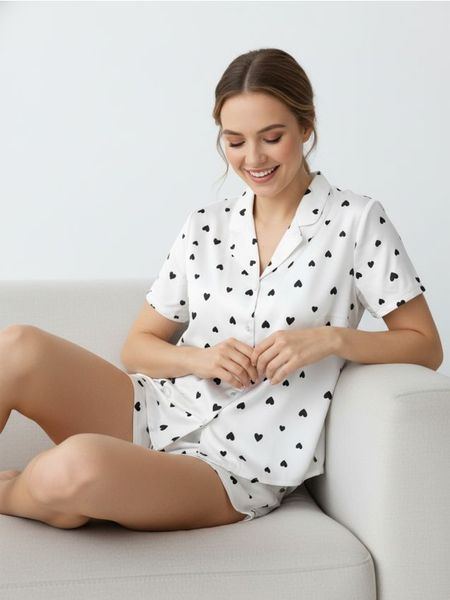 Piżama dwuczęściowa w serca - biały. Białe piżamy Sinsay, l, bez wzorów, bez kołnierzyka, bez ramiączek. Za 49.99 zł.