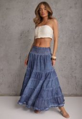 Niebieska Kaskadowa Bawełniana Spódnica High Waist Stylizowana na Denimową Ealnas. Niebieskie spódnice Renee, na co dzień, m, bez wzorów, z bawełny, casualowe, maxi, dopasowane. Za 99.99 zł.