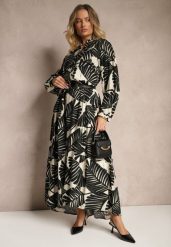 Czarna Rozkloszowana Sukienka z Wiskozy z Motywem Liści Wilvesia. Czarne sukienki Renee, na co dzień, m, bez wzorów, z wiskozy, eleganckie, bez kołnierzyka, bez ramiączek, maxi, rozkloszowane. W wyprzedaży za 99.99 zł.