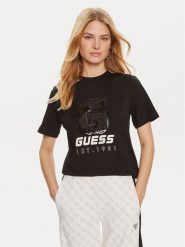 Guess T-Shirt Ines V4YI07 I3Z14 Czarny Regular Fit. Czarne t-shirty Guess, xxs, z aplikacjami, z bawełny, bez kołnierzyka, bez ramiączek. Za 109.99 zł.