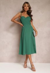 Zielona Rozkloszowana Sukienka Midi z Rozcięciem na Ramiączkach Josine. Zielone sukienki Renee, l, bez wzorów, eleganckie, bez kołnierzyka, bez ramiączek, midi, rozkloszowane. W wyprzedaży za 83.99 zł.