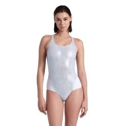 Strój kąpielowy damski połyskujący z siateczką Arena Mesh Power White. Białe stroje jednoczęściowe Arena, bez wzorów, z meshu, sportowe. Za 139.99 zł.