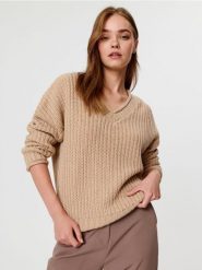 Sweter w prążki - beżowy. Brązowe swetry Sinsay, l, bez wzorów, z dzianiny, bez ramiączek. Za 69.99 zł.