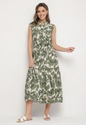Zielona Rozkloszowana Sukienka Bez Rękawów z Wiskozy z Wiązanym Paskiem Reviosae. Zielone sukienki Born2be, l, bez wzorów, z jeansu, klasyczne, bez kołnierzyka, bez ramiączek, maxi, rozkloszowane. Za 99.99 zł.