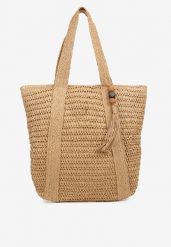 Ciemnobeżowa Pleciona Torebka Shopper w Stylu Plażowym z Ozdobnym Frędzelkiem Galvessa. Brązowe shopper bag Renee, bez wzorów, z materiału, bez dodatków. W wyprzedaży za 50.99 zł.
