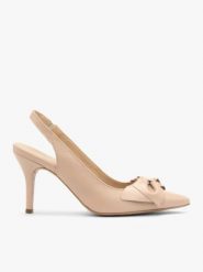 Czółenka typu slingback z kokardką. Brązowe czółenka Brawo sp. z o.o., bez wzorów, z gumy, bez obcasa, na szpilce, bez zapięcia. W wyprzedaży za 341.99 zł.