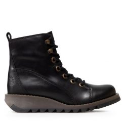 Botki Fly London. Czarne botki Fly London, bez wzorów, bez obcasa, na płaskiej podeszwie, bez zapięcia. Za 379.99 zł.