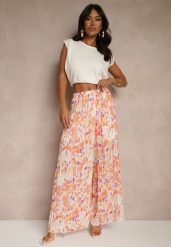 Pomarańczowe Spodnie High Waist Zdobione Plisami i Kwiatowym Printem Folamea. Brązowe jeansy Renee, z aplikacjami, z jeansu, eleganckie, z podwyższonym stanem. W wyprzedaży za 107.99 zł.