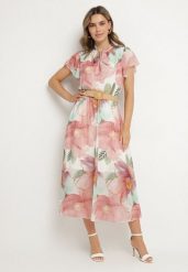 Różowa Sukienka o Rozkloszowanym Kroju z Wiązaniem przy Dekolcie i Paskiem Sorilina. Czerwone sukienki Born2be, na co dzień, l, bez wzorów, eleganckie, bez kołnierzyka, bez ramiączek, mini, rozkloszowane. Za 129.99 zł.