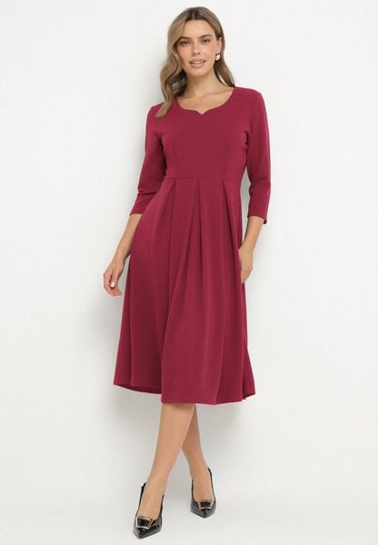 Ciemnoróżowa Rozkloszowana Sukienka z Rękawem 3/4 Nomiel. Czerwone sukienki Born2be, m, bez wzorów, eleganckie, bez kołnierzyka, bez ramiączek, midi, rozkloszowane. Za 89.99 zł.