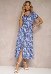 Granatowa Koszulowa Sukienka z Materiałowym Paskiem i Guzikami z Geometrycznym Printem Usklea. Niebieskie sukienki Renee, l, bez wzorów, z dzianiny, bez kołnierzyka, bez ramiączek, maxi, koszulowe. W wyprzedaży za 132.99 zł.