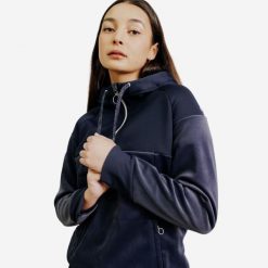 Bluza jeździecka damska 900 ciepła. Niebieskie bluzy z kapturem FOUGANZA, na zimę, m, bez wzorów, z materiału, z kapturem, na golfa. Za 99.99 zł.