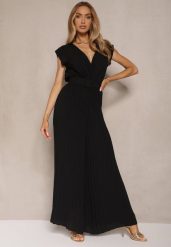 Czarny Kopertowy Kombinezon Wide Leg Zdobiony Plisami i Paskiem z Klamrą Salirella. Czarne sukienki Renee, na co dzień, l, z aplikacjami, eleganckie, bez kołnierzyka, bez ramiączek, kopertowe. W wyprzedaży za 91.99 zł.