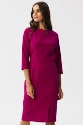 Elegancka sukienka ołówkowa z rozcięciem fioletowa. Fioletowe sukienki Stylove, l, bez wzorów, eleganckie, bez kołnierzyka, bez ramiączek, ołówkowe. Za 289.00 zł.