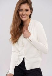 Krótki kardigan S-VIVI. Białe swetry Volcano, s, bez wzorów, z materiału, eleganckie, bez ramiączek. Za 139.99 zł.