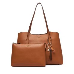 Torebka Guess. Brązowe shopper bag Guess, z aplikacjami, bez dodatków. Za 634.99 zł.