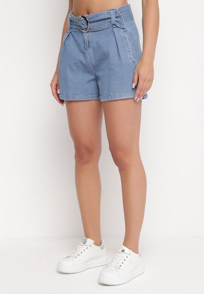 Granatowe Bawełniane Szorty z Ukrytym Zamkiem i Szerokim Paskiem z Klamrą Mynna. Niebieskie szorty Born2be, bez wzorów, z bawełny. Za 129.99 zł.