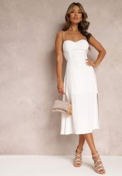 Biała Rozkloszowana Sukienka Midi z Rozcięciem na Ramiączkach Josine. Białe sukienki Renee, l, bez wzorów, eleganckie, bez kołnierzyka, bez ramiączek, midi, rozkloszowane. W wyprzedaży za 83.99 zł.
