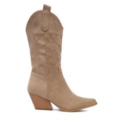 Kowbojki DeeZee. Brązowe botki DeeZee, bez wzorów, bez obcasa, na słupku, bez zapięcia. Za 229.99 zł.