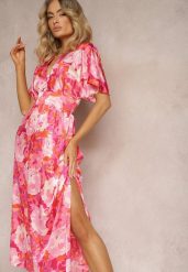 Różowa Satynowa Sukienka z Kopertową Górą Luźnymi Rękawami i Rozkloszowanym Krojem Karlemia. Czerwone sukienki Renee, do pracy, l, bez wzorów, z satyny, biznesowe, bez kołnierzyka, bez ramiączek, maxi, dopasowane. Za 159.99 zł.