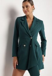 Ciemnozielona Taliowana Sukienka o Kroju Marynarki z Mini Trenem Besista. Zielone sukienki Born2be, m, z aplikacjami, eleganckie, bez kołnierzyka, bez ramiączek, mini. W wyprzedaży za 144.49 zł.