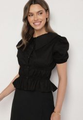 Czarna Bawełniana Koszula z Bufiastymi Rękawami i Ozdobnymi Marszczeniami Efrinda. Czarne koszule Born2be, m, bez wzorów, z bawełny, eleganckie, bez kołnierzyka, bez ramiączek. W wyprzedaży za 63.74 zł.