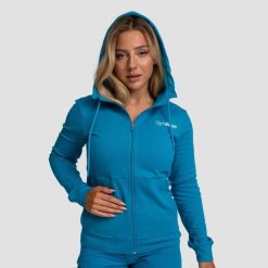 Bluza damska fitness z kapturem akwamarynowa Limitless Zip Up. Niebieskie bluzy z kapturem GYMBEAM, s, bez wzorów, z bawełny, z kapturem, na fitness i siłownię. Za 127.90 zł.