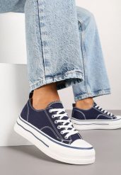 Granatowe Casualowe Trampki na Niskiej Platformie Natirinne. Niebieskie trampki Renee, bez wzorów, z jeansu, eleganckie, bez zapięcia. W wyprzedaży za 63.99 zł.