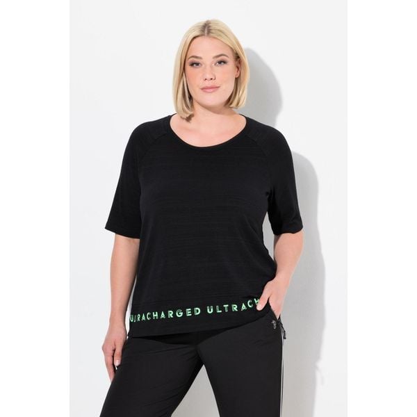 Damskie T-shirt napisy na rąbku klasyczny krój okrągły dekolt rękaw 1/2. Czarne t-shirty sportowe Ulla Popken, plus size, bez wzorów, z elastanu, bez ramiączek. W wyprzedaży za 174.99 zł.