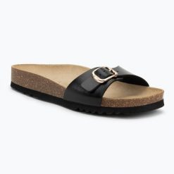 Klapki damskie Scholl Estelle Laminated. Czarne klapki Scholl, bez wzorów, z materiału, bez obcasa, bez zapięcia. Za 189.99 zł.