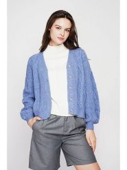 C& Jo Kardigan w kolorze błękitnym rozmiar: 36. Niebieskie swetry C& Jo, bez wzorów, ze splotem, klasyczne, bez ramiączek. Za 202.03 zł.