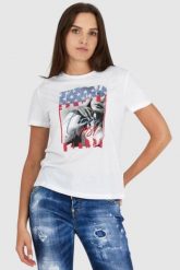 GUESS Biały t-shirt damski z nadrukiem i wiązaniem na plecach, Rozmiar XS. Białe t-shirty Guess, s, z aplikacjami, bez kołnierzyka, bez ramiączek. W wyprzedaży za 123.99 zł.