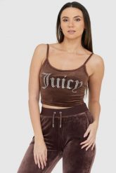 JUICY COUTURE Brązowy welurowy top z błyszczącym logo. Brązowe topy Juicy Couture, s, bez wzorów, z weluru, bez kołnierzyka, bez ramiączek. W wyprzedaży za 169.99 zł.