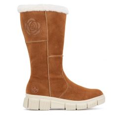 Kozaki Rieker. Brązowe kozaki Rieker, bez wzorów, bez obcasa, na płaskiej podeszwie, bez zapięcia. Za 272.99 zł.
