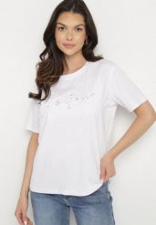 Biały T-shirt z Bawełny o Kroju Oversize z Haftem i Cekinami Uliowena. Białe t-shirty Born2be, m, bez wzorów, z bawełny, bez kołnierzyka, bez ramiączek. Za 49.99 zł.