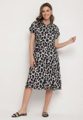 Szaro-Czarna Bawełniana Sukienka o Koszulowym Kroju z Kieszeniami w Panterkę Iffanea. Szare sukienki Born2be, na co dzień, l, bez wzorów, z bawełny, eleganckie, bez kołnierzyka, bez ramiączek, midi, koszulowe. Za 69.99 zł.