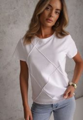 Biały Bawełniany T-shirt o Klasycznym Kroju z Ozdobnymi Przeszyciami w Romby Luara. Białe t-shirty Renee, l, bez wzorów, z bawełny, casualowe, bez kołnierzyka, bez ramiączek. Za 59.99 zł.