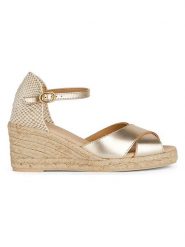 Geox Skórzane sandały "Gelsa" w kolorze złotym rozmiar: 38. Żółte sandały Geox, bez wzorów, z materiału, z otwartym noskiem, bez obcasa, na koturnie, bez zapięcia. Za 217.99 zł.
