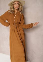 Brązowa Rozkloszowana Sukienka Maxi Plisowana Wiązana w Pasie Terilla. Brązowe sukienki Renee, bez wzorów, z materiału, bez kołnierzyka, bez ramiączek, maxi, koszulowe. W wyprzedaży za 99.99 zł.