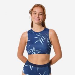 Góra kostiumu kąpielowego surfingowego damska Decathlon Carla Bagheera. Niebieskie bikini Decathlon, bez wzorów, z elastanu, sportowe. Za 119.99 zł.