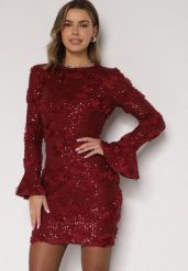 Bordowa Cekinowa Sukienka z Kwiatami 3D Naweda. Czerwone sukienki Born2be, do pracy, l, bez wzorów, z jeansu, biznesowe, bez kołnierzyka, bez ramiączek. Za 219.99 zł.