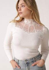 Biały Dopasowany Sweter z Półgolfem z Wiskozą Zdobiony Koronkową Siateczką Genna. Białe swetry Born2be, uniwersalny, z aplikacjami, z jeansu, eleganckie, bez ramiączek. Za 89.99 zł.