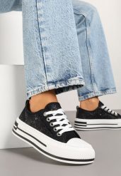 Czarne Trampki na Platformie z Niską Cholewką i Koronką Jenalora. Czarne trampki Renee, bez wzorów, z jeansu, boho, przed kostkę, bez zapięcia. W wyprzedaży za 67.99 zł.