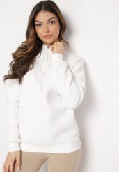 Biała Bawełniana Bluza z Półgolfem i Ściągaczem Themista. Białe bluzy Born2be, bez wzorów, z bawełny, bez kaptura. W wyprzedaży za 84.99 zł.